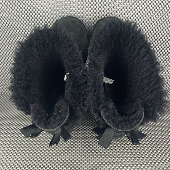 UGG Bailey Bow II Boots Womens Size 7 Black Leather Sheepskin Pull On Winter - Picture 8 of 12